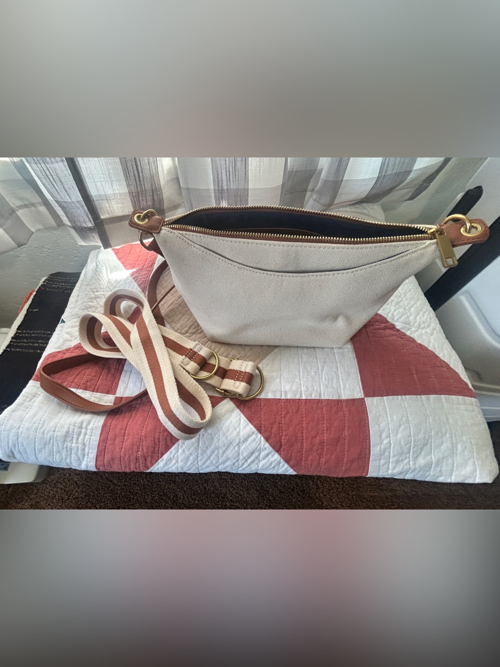Canvas Crossbody Bag in Cream with Striped Strap